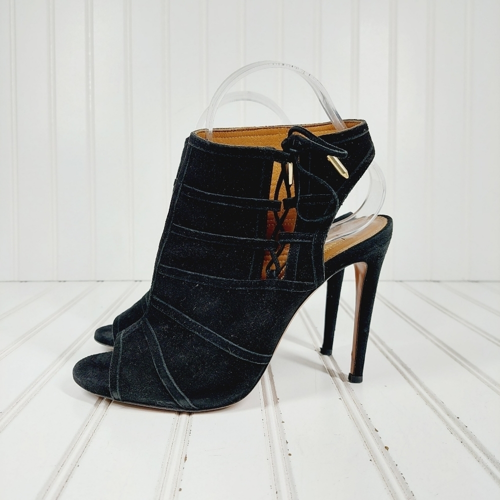 Aquazzura Black Suede Leather Slip On Peep Toe Side Lace Up Sling Back Heel E255